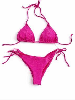 PHAX Pink Shimmer Triangle Bikini Set Tie Side Cheeky Bottom Sparkly Metallic
